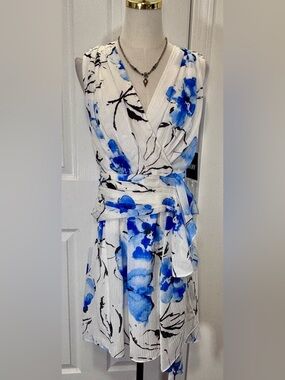 DKNY Women’s Printed Tie-Waist Drape Front A-Line Blue/White Floral Sz 4, 6, 10